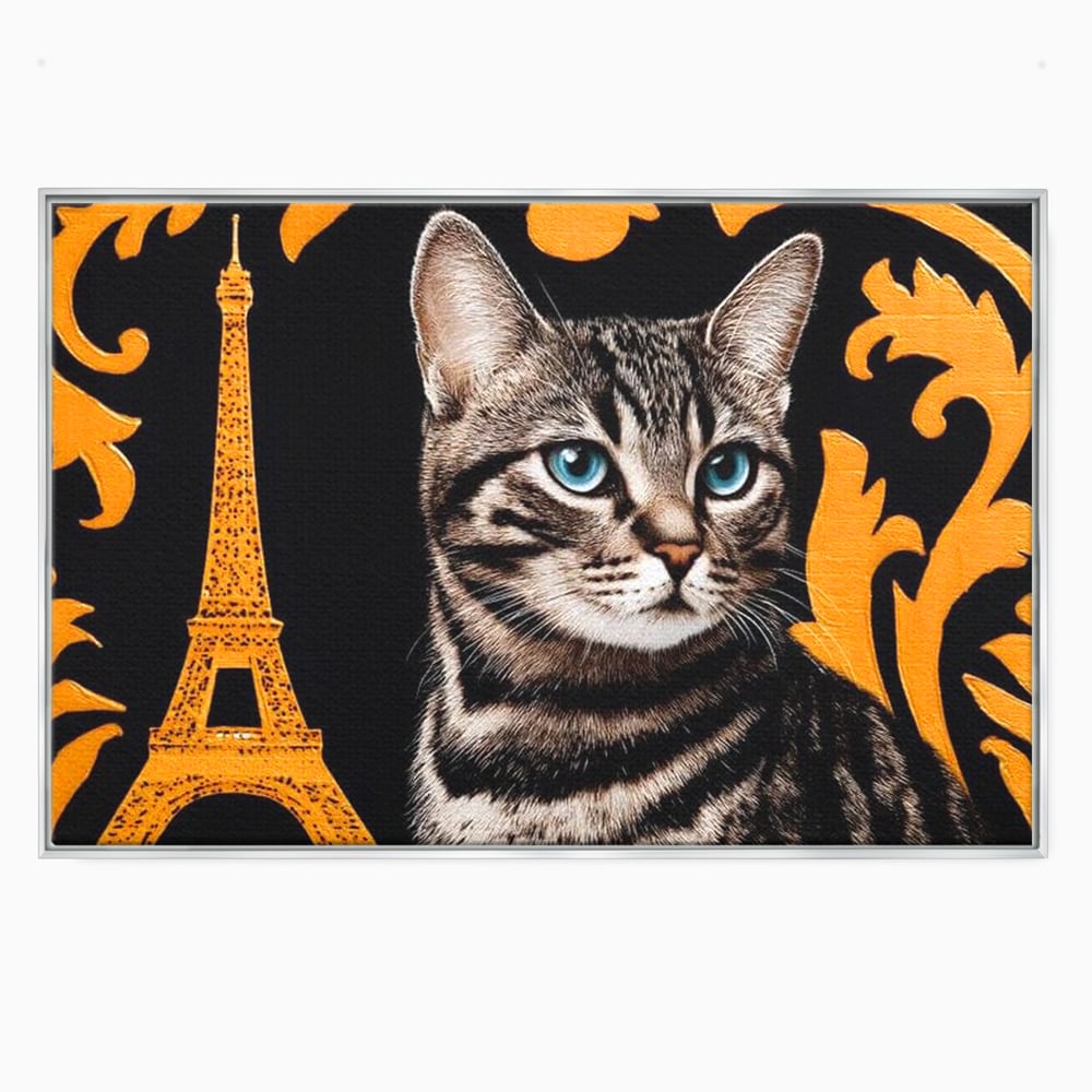 Tablou canvas cu tablou canvas cu pisica si turnul eiffel, in rama de aluminiu argintiu